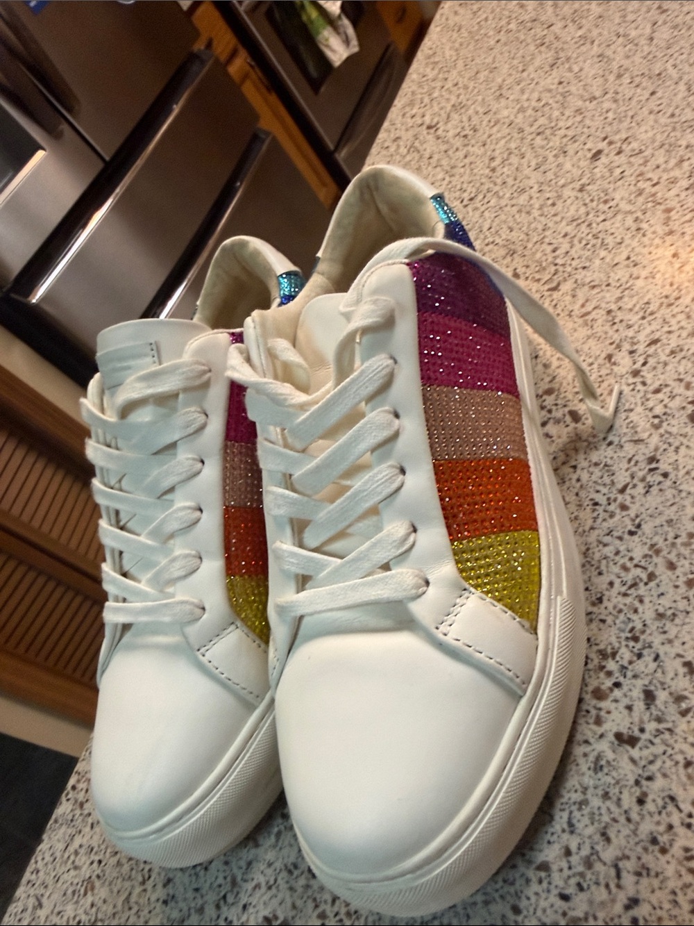 White Women's Platform Sneakers with Rainbow Glitter Stripes